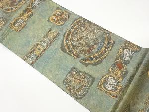 丸文に狩人・鳥・抽象模様織出し袋帯